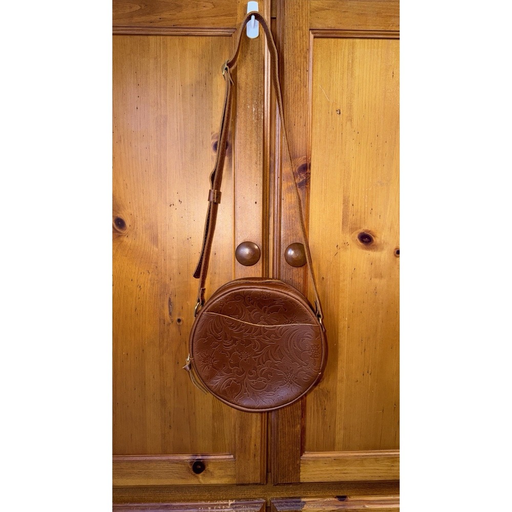 Portland Leather Goods Large 9" Circle Crossbody Bag Embossed Brown Meadow Purse